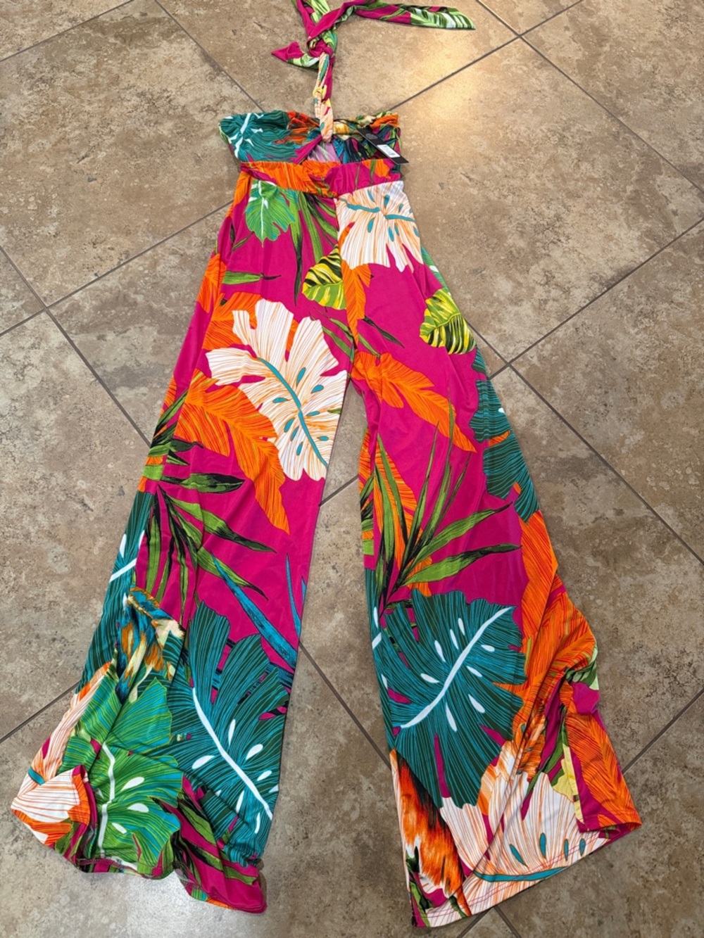 Fashion Nova Fuchsia Tropical Wide-Leg Jumpsuit